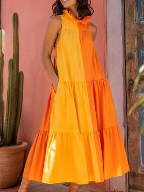 Christopher John Rogers Colorblock Ruffle Maxi Dress XS Dopamine Luxe Designer